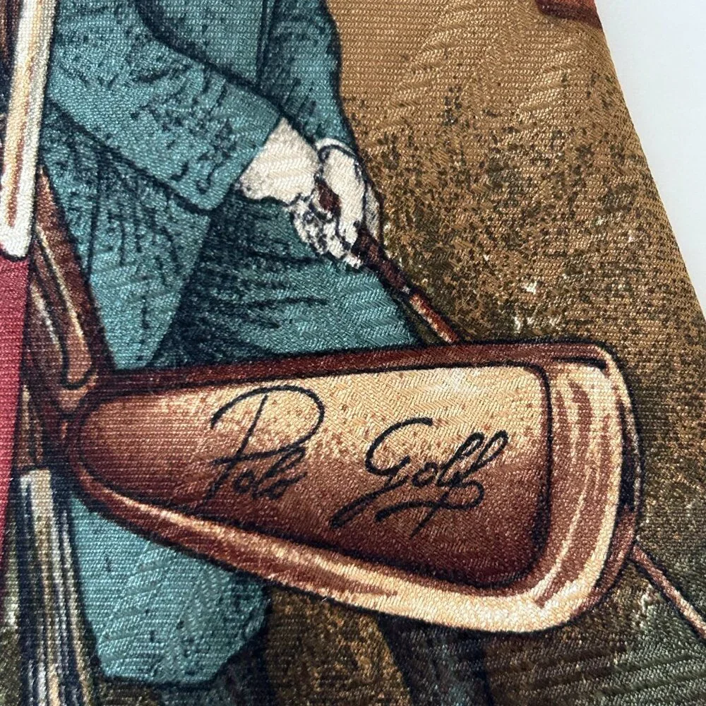 Polo By Ralph Lauren Golf Scene Neck Tie Gold Multicolor Silk Hand Made USA VTG